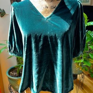 Spruce Green Puff Sleeve Flowy Velvet Top